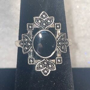 Vintage-Inspired Black Stone Silver Tone Ring